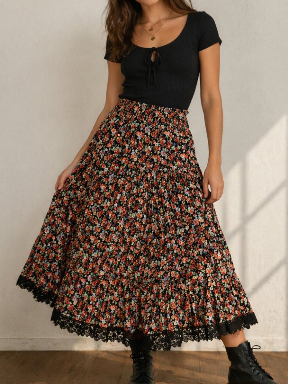 Vintage Floral Midi Skirt Black Rose Print Lace Trim High Waist Dark Cottagecore